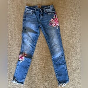 Driftwood Jackie Rose Floral Embroidered Skinny Jeans Raw Hem Stretch Size 25